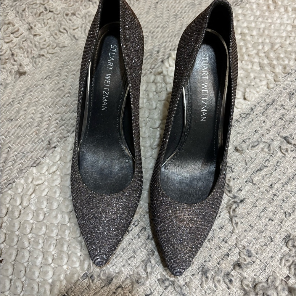 Stuart Weitzman Black Glitter Pointed Pumps